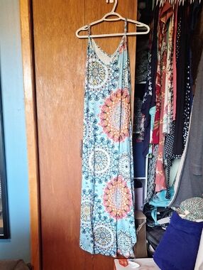 Maxi Sundress with Blue Floral Medallion Print